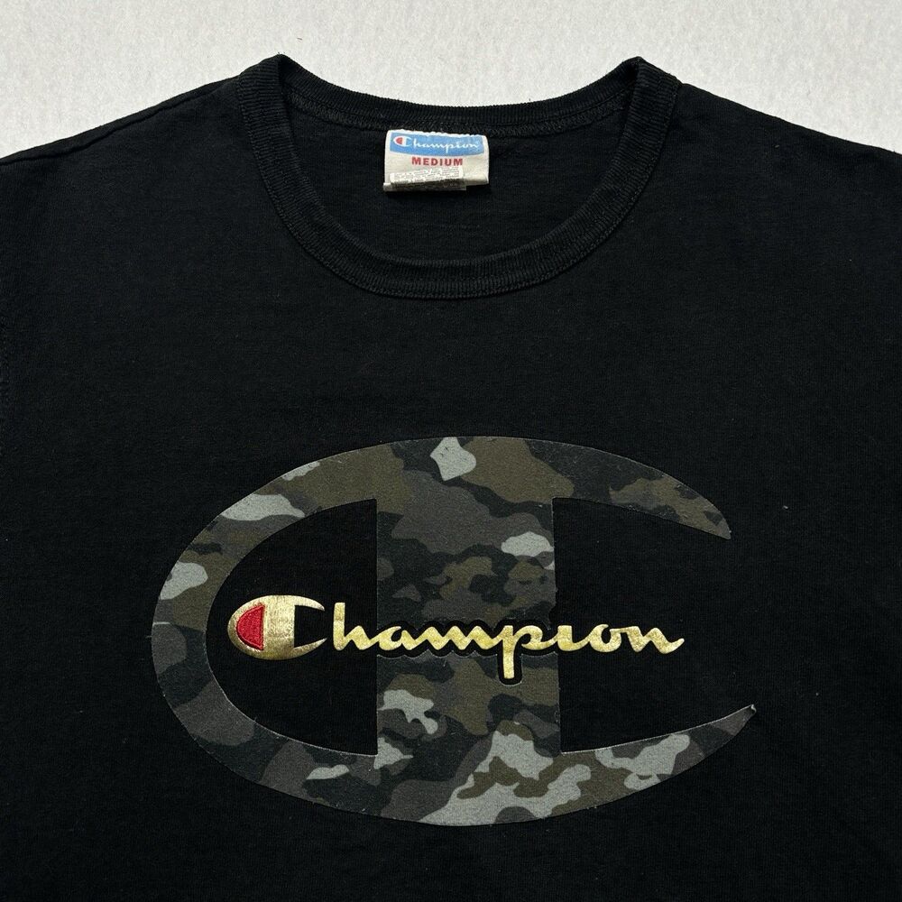 Champion Mens Medium Black Camouflage Logo Short Sleeve Tshirt
